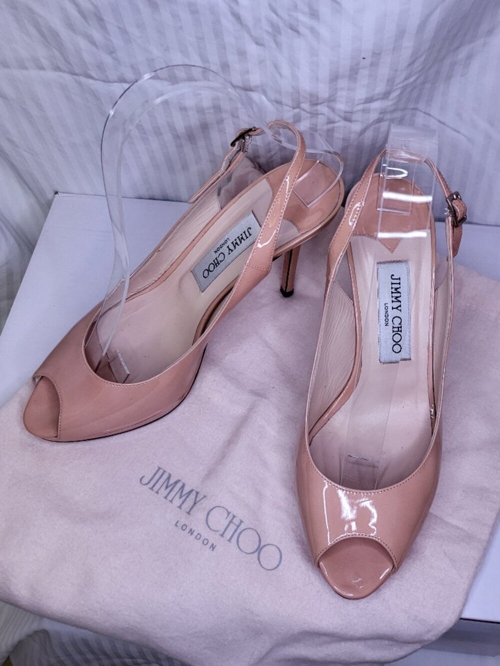 Jimmy Choo Nude Blush Patent Leather Slingback Peep Toe Pumps EU 38 Stiletto